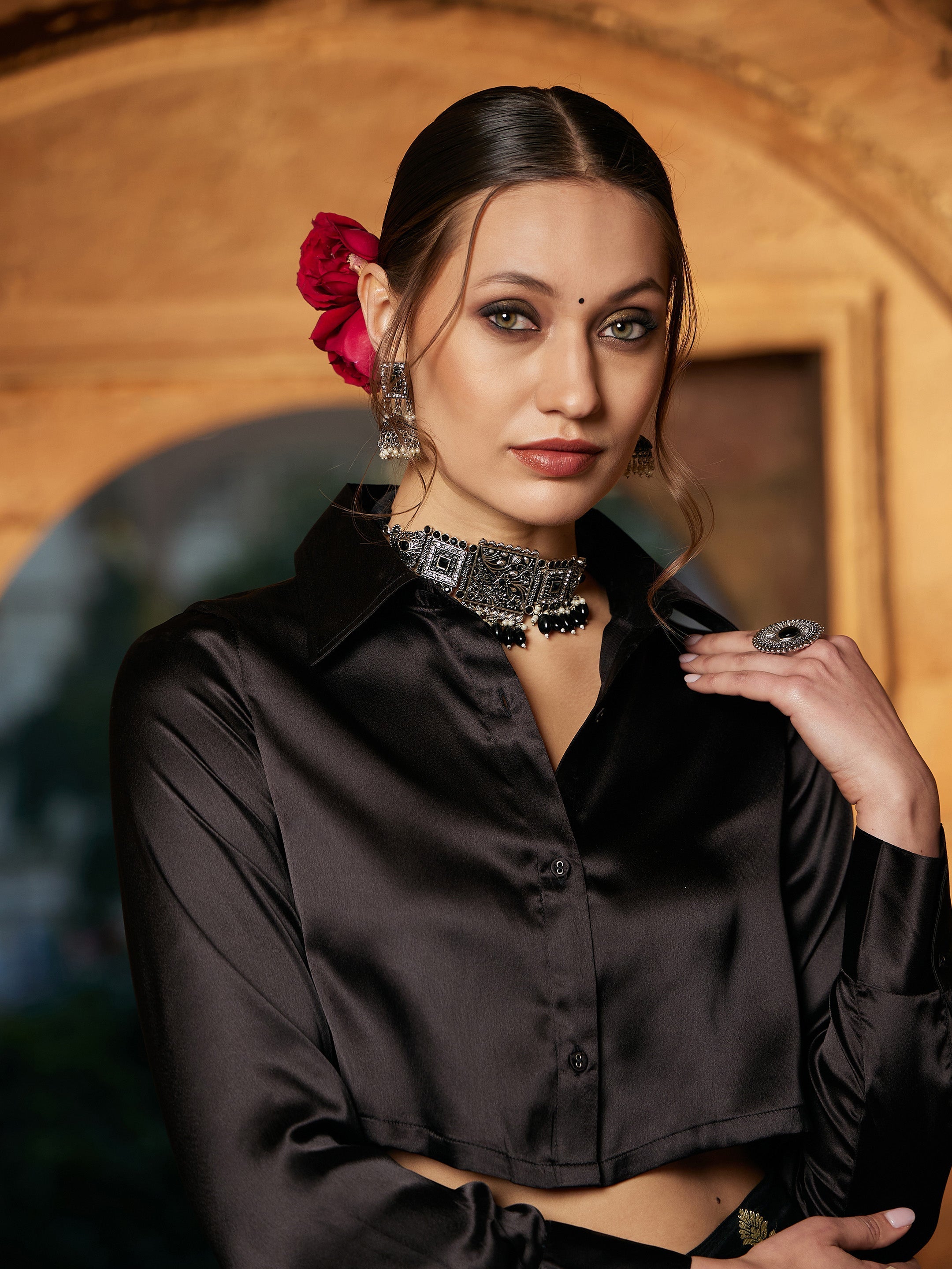 Women's Black Crop Satin Shirt With Brocade Palazzos - SASSAFRAS