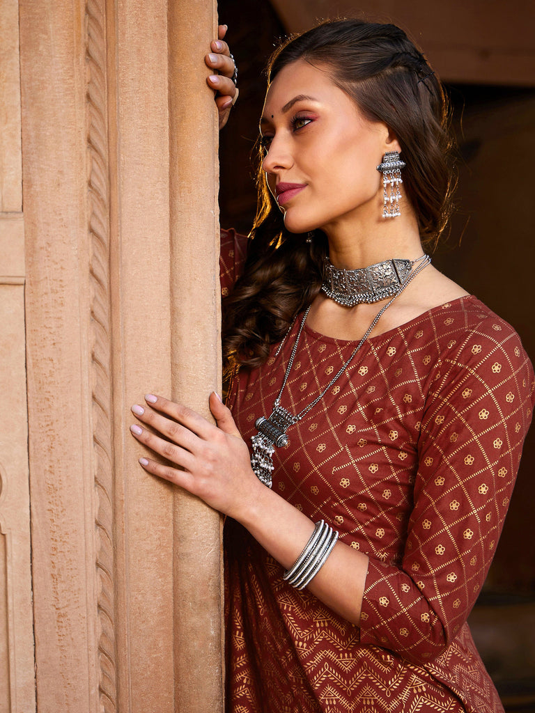 Women's Rust Chevron Foil Anarkali Kurta With Pants