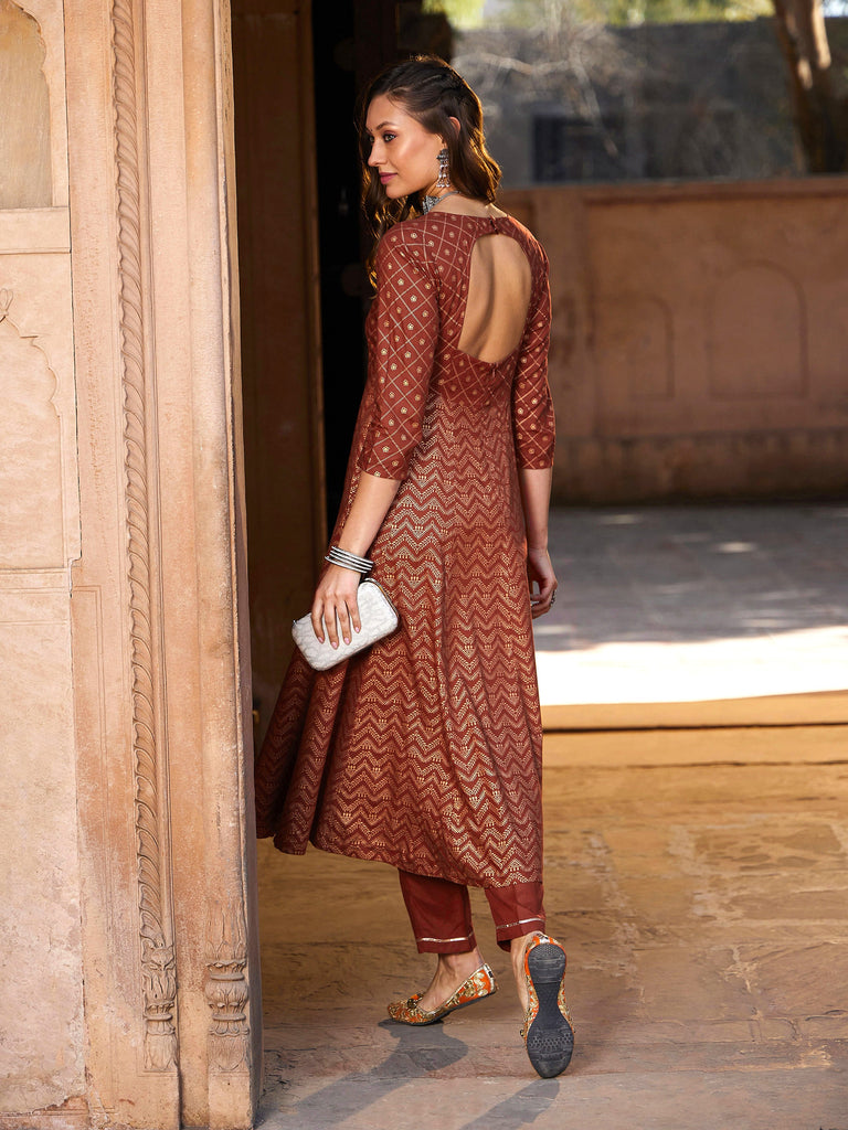 Women's Rust Chevron Foil Anarkali Kurta With Pants
