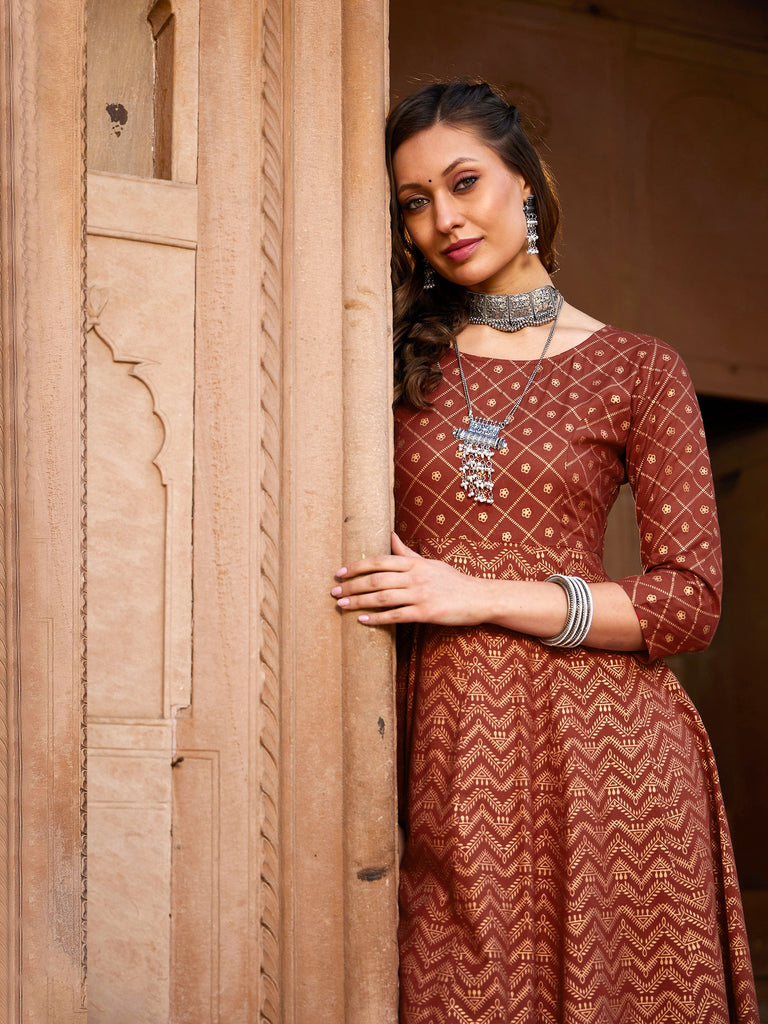 Women's Rust Chevron Foil Anarkali Kurta With Pants