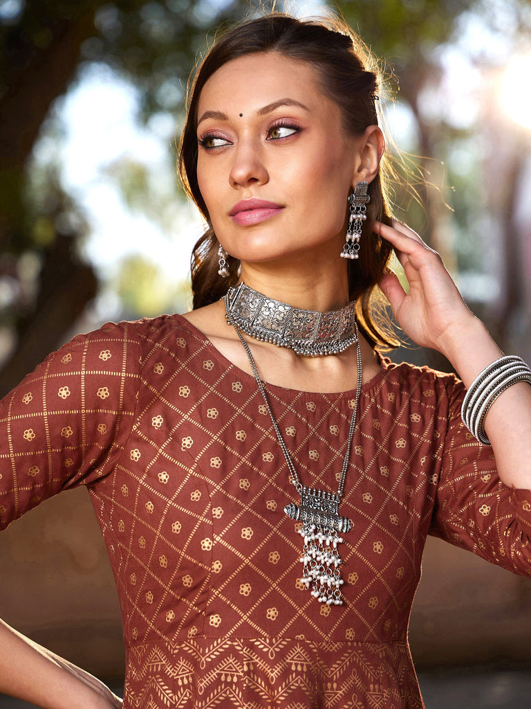 Women's Rust Chevron Foil Anarkali Kurta With Pants