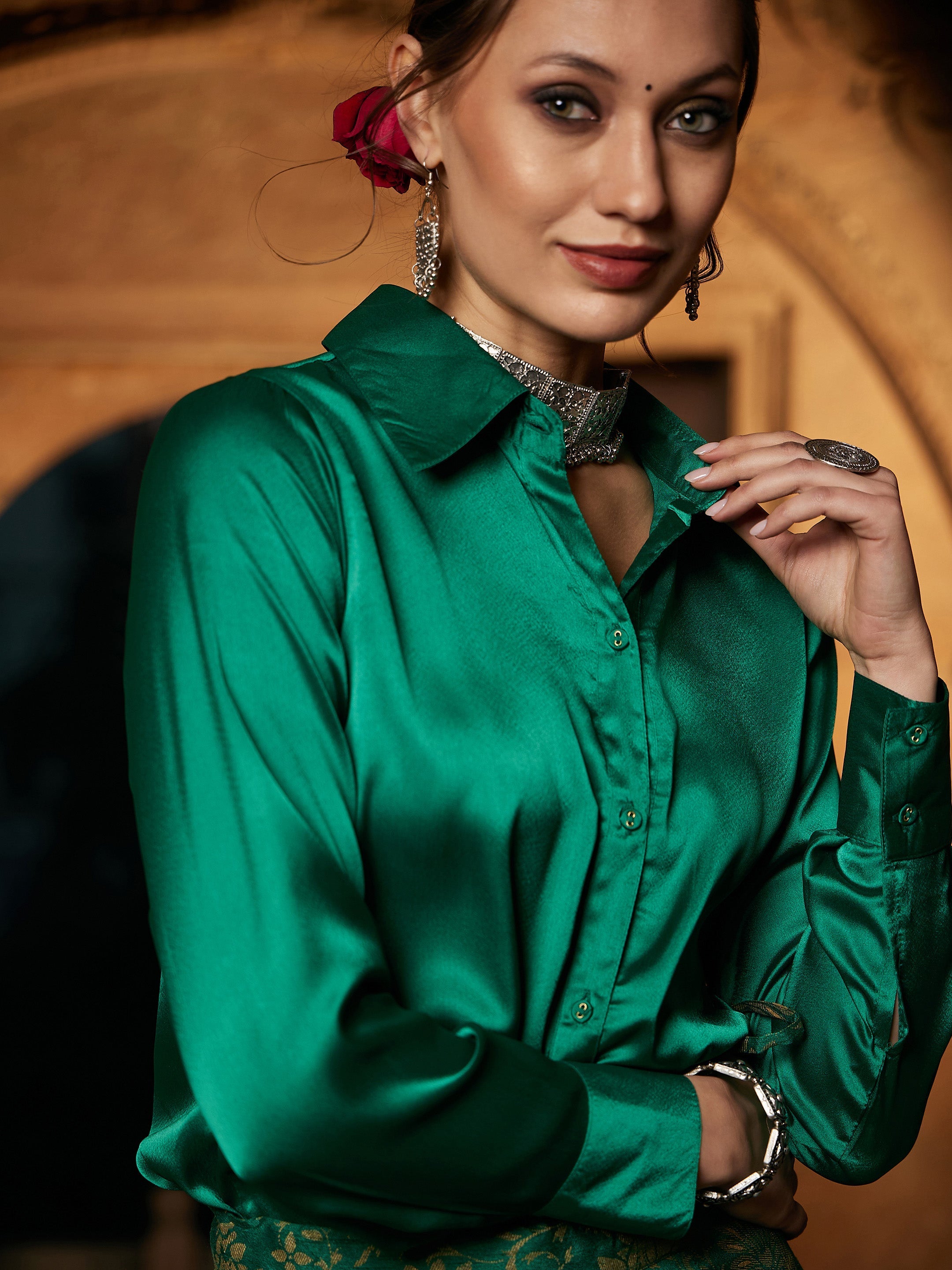 Women's Green Satin Shirt With Brocade Skirt - SASSAFRAS