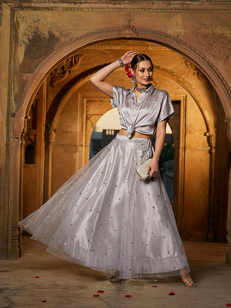 Women's Grey Satin Crop Shirt With Tulle Sequin Skirt