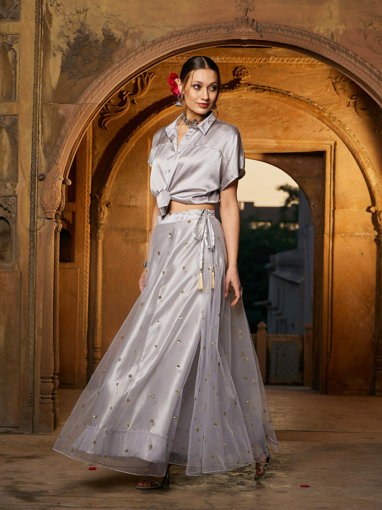 Women's Grey Satin Crop Shirt With Tulle Sequin Skirt