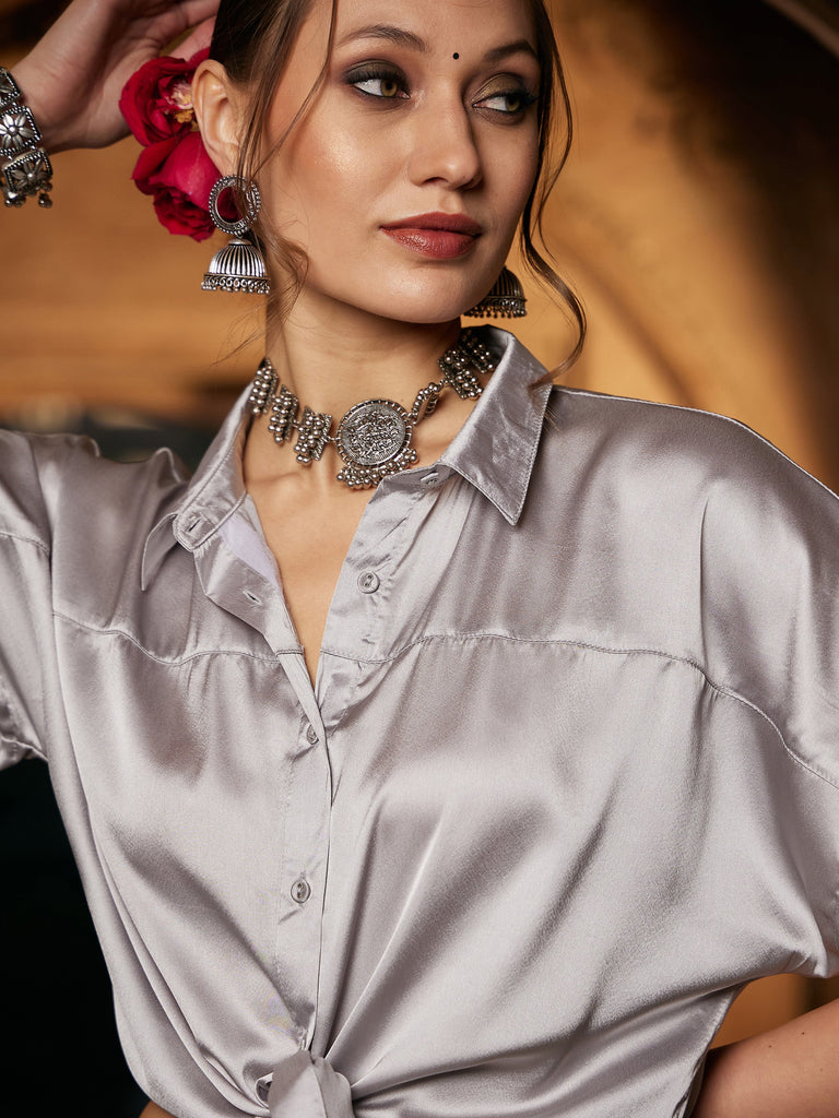Women's Grey Satin Crop Shirt With Tulle Sequin Skirt