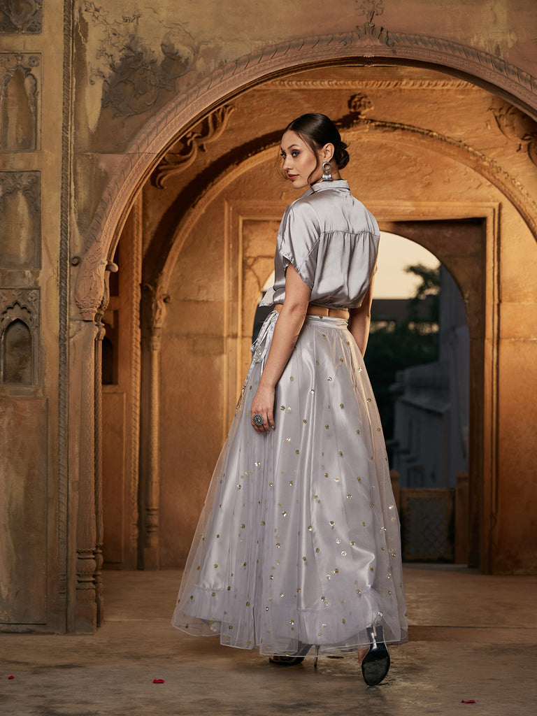 Women's Grey Satin Crop Shirt With Tulle Sequin Skirt