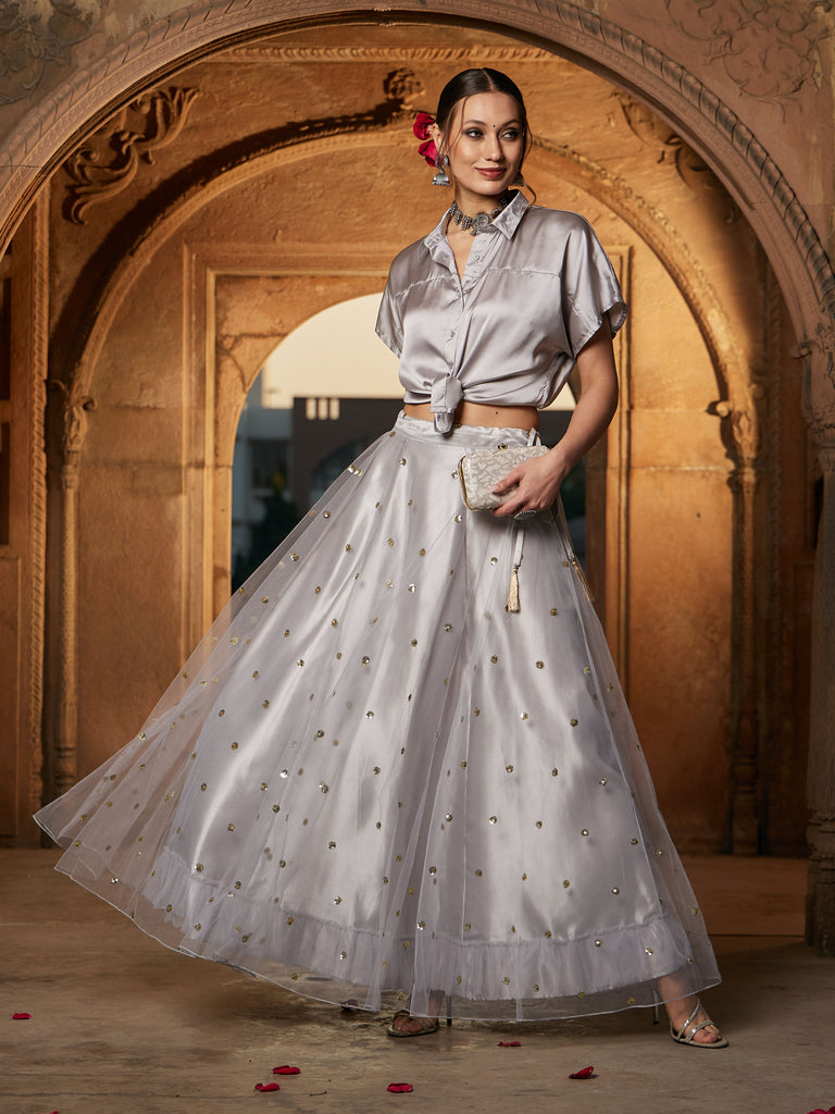 Women's Grey Satin Crop Shirt With Tulle Sequin Skirt