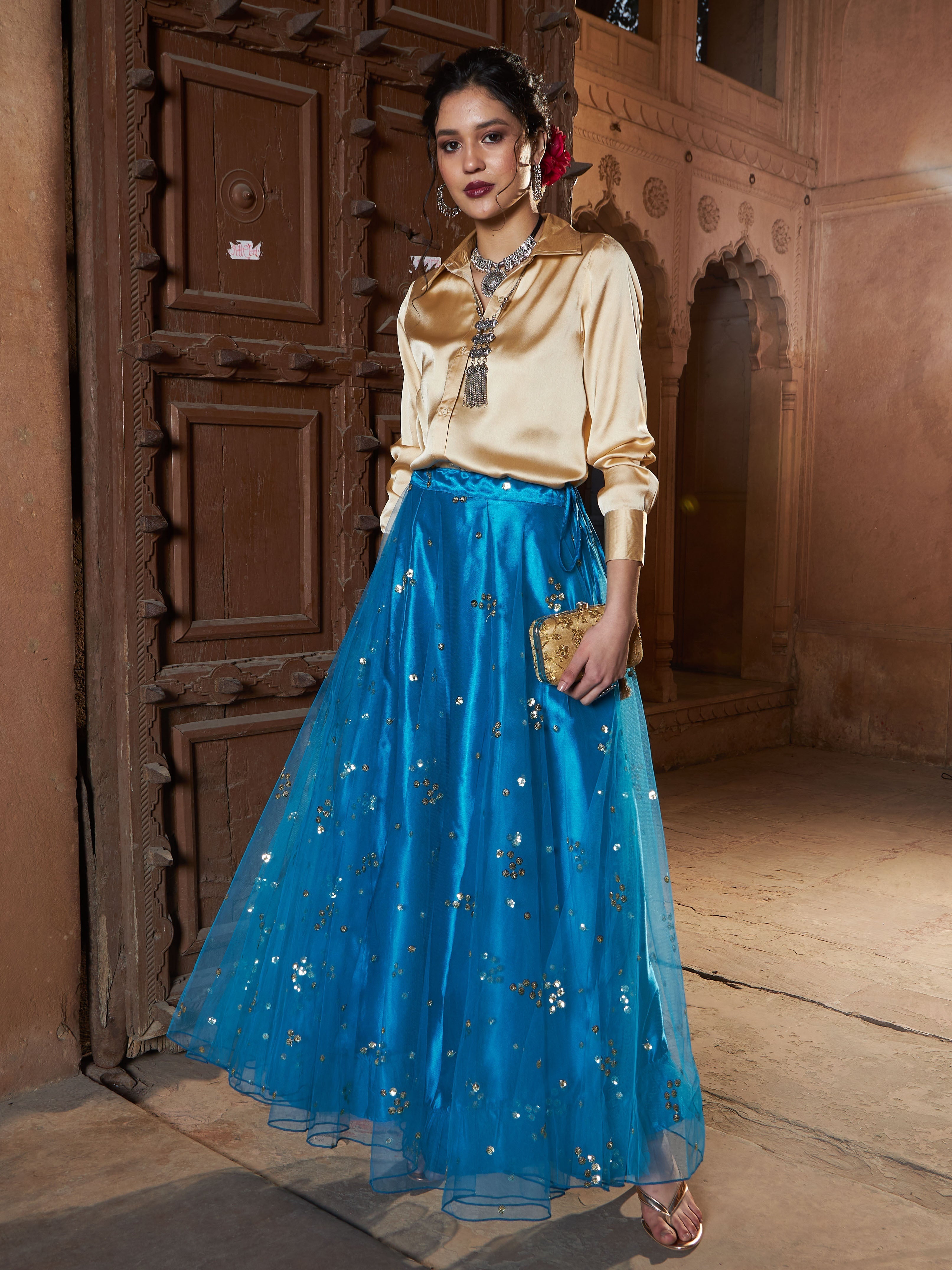 Women's Gold Satin Shirt With Teal Tulle Sequin Skirt - Lyush