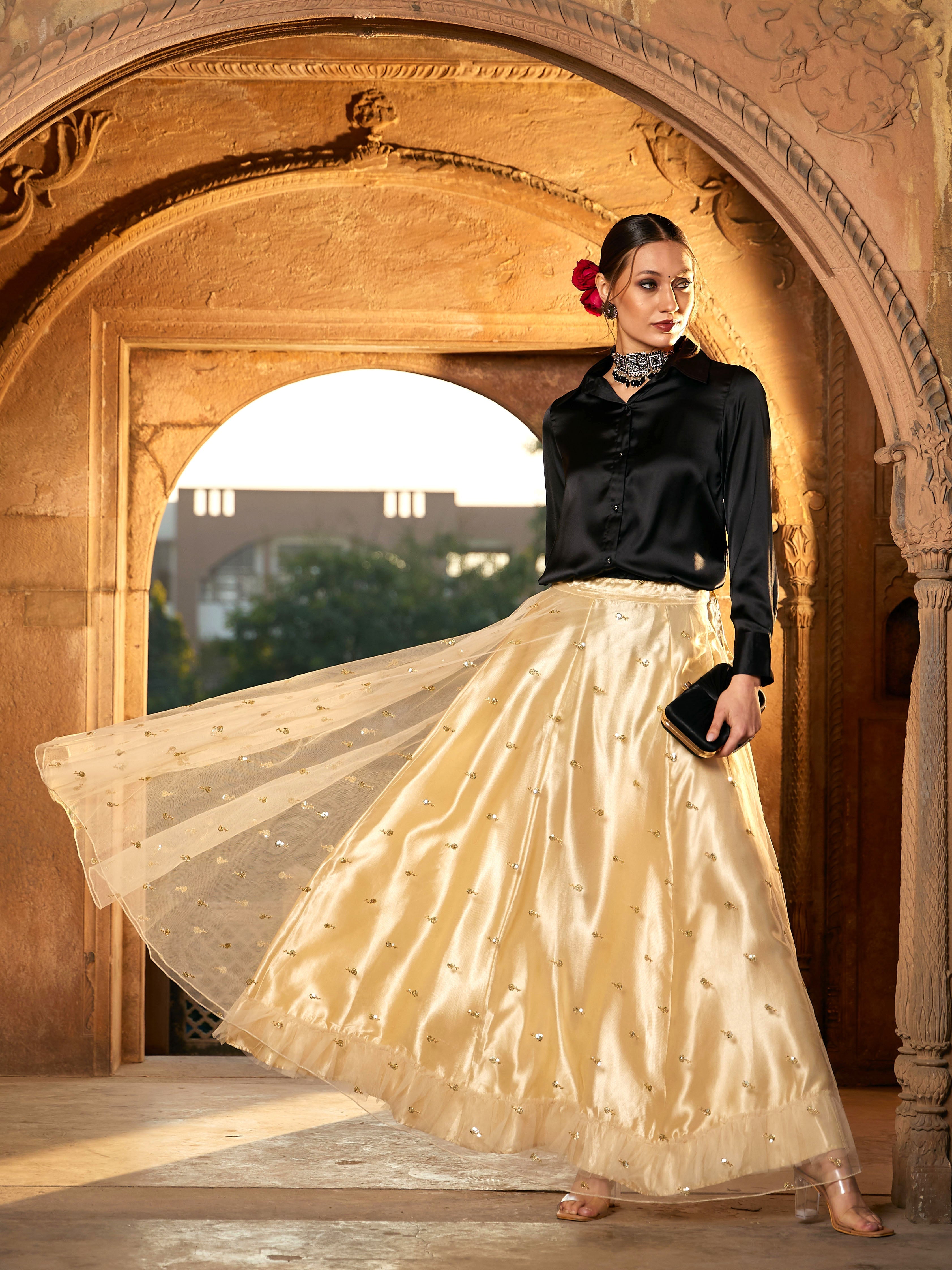 Women's Black Satin Shirt With Gold Tulle Sequin Skirt - SASSAFRAS