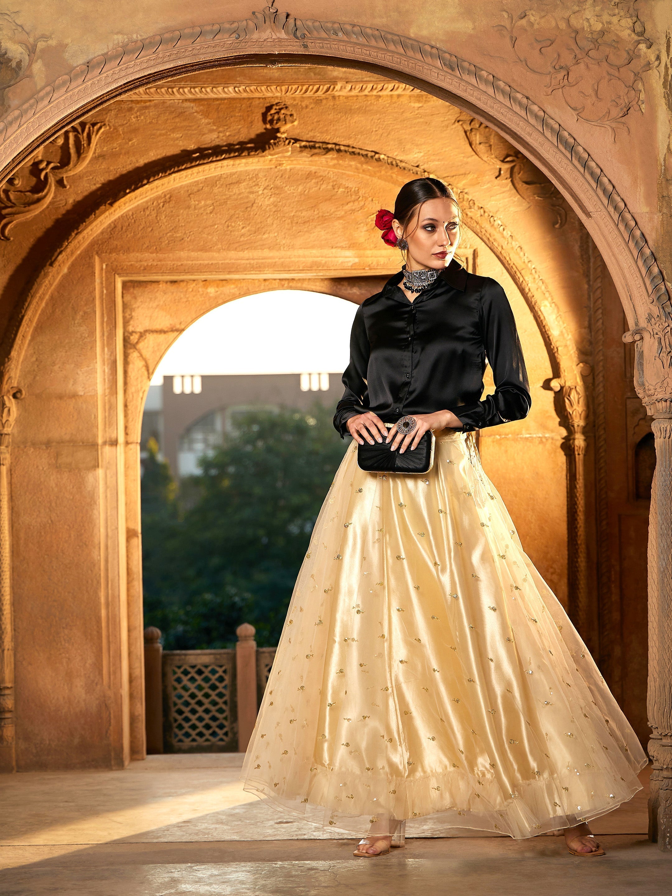 Women's Black Satin Shirt With Gold Tulle Sequin Skirt - Lyush