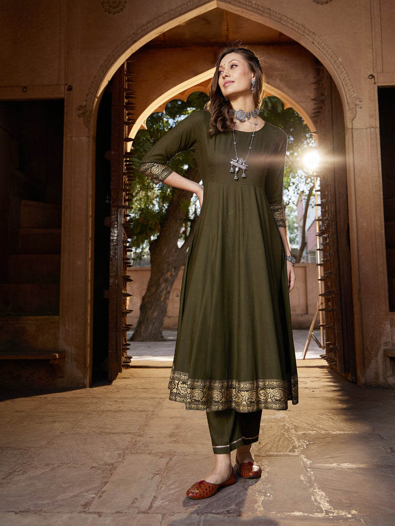 Women's Olive Floral Foil Border Anarkali Kurta With Pants