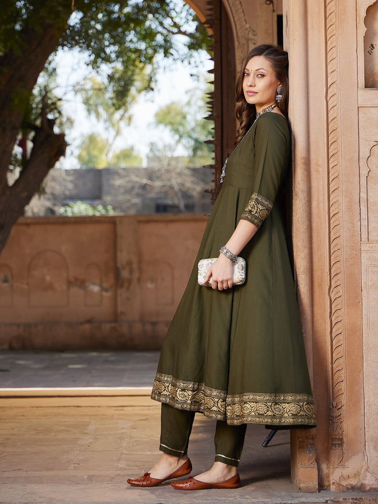 Women's Olive Floral Foil Border Anarkali Kurta With Pants