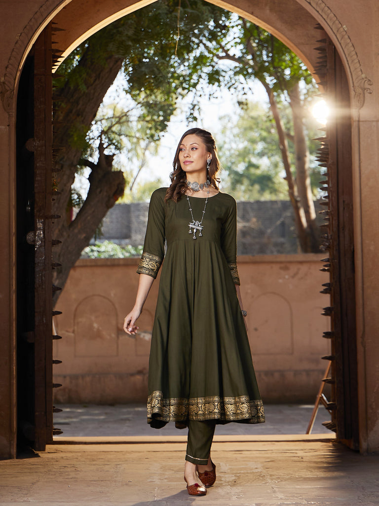 Women's Olive Floral Foil Border Anarkali Kurta With Pants