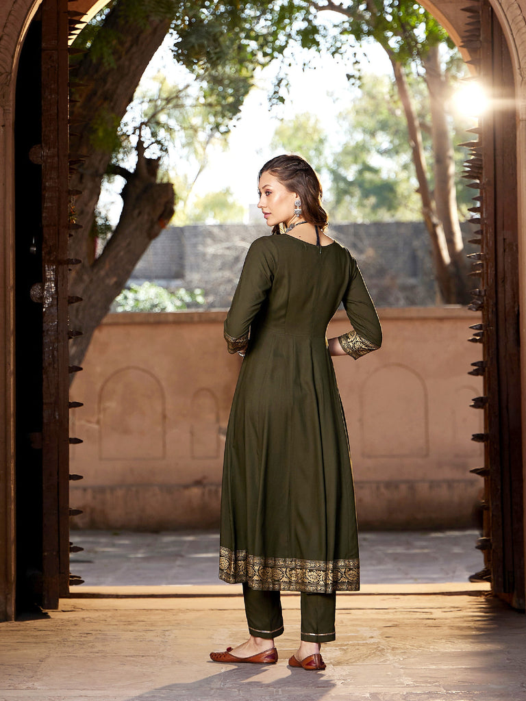 Women's Olive Floral Foil Border Anarkali Kurta With Pants