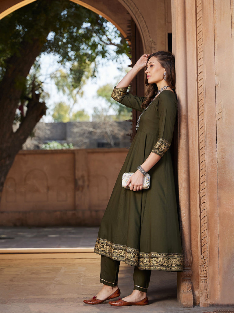 Women's Olive Floral Foil Border Anarkali Kurta With Pants
