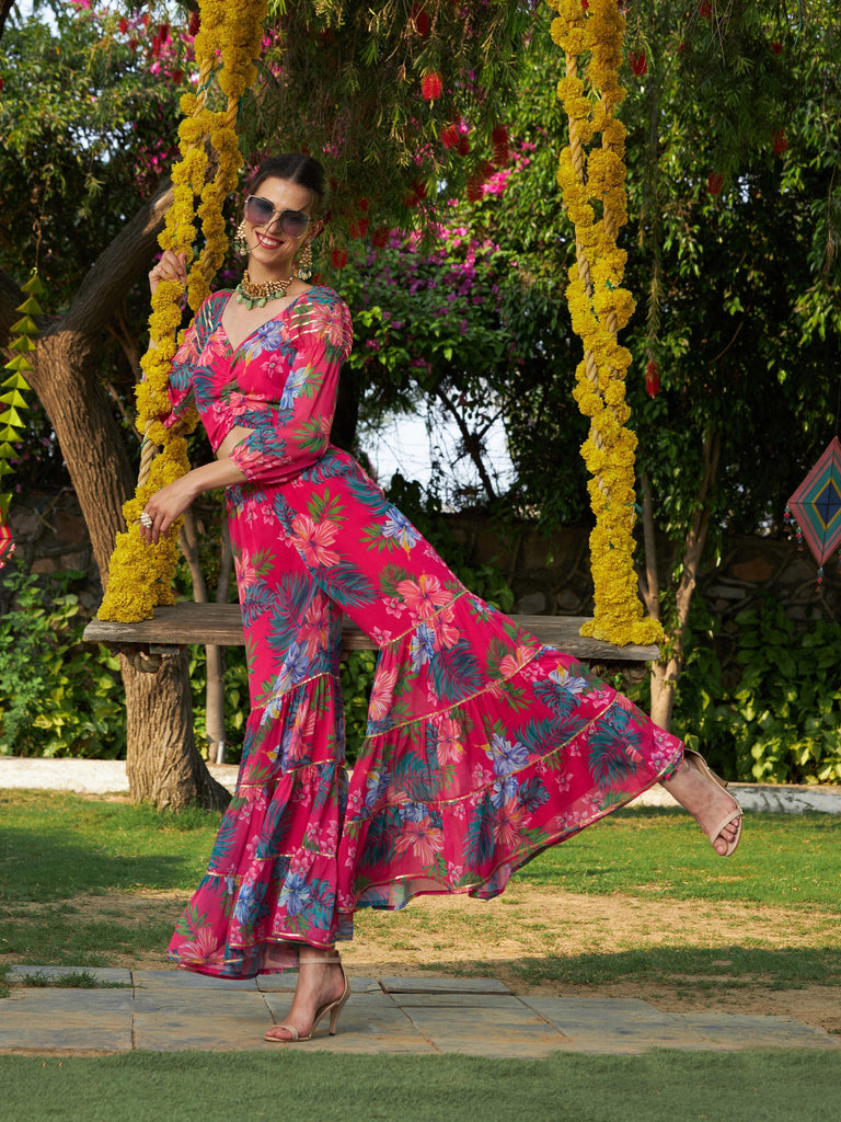 Women's Pink Floral Puff Sleeves Crop Top With Tiered Sharara