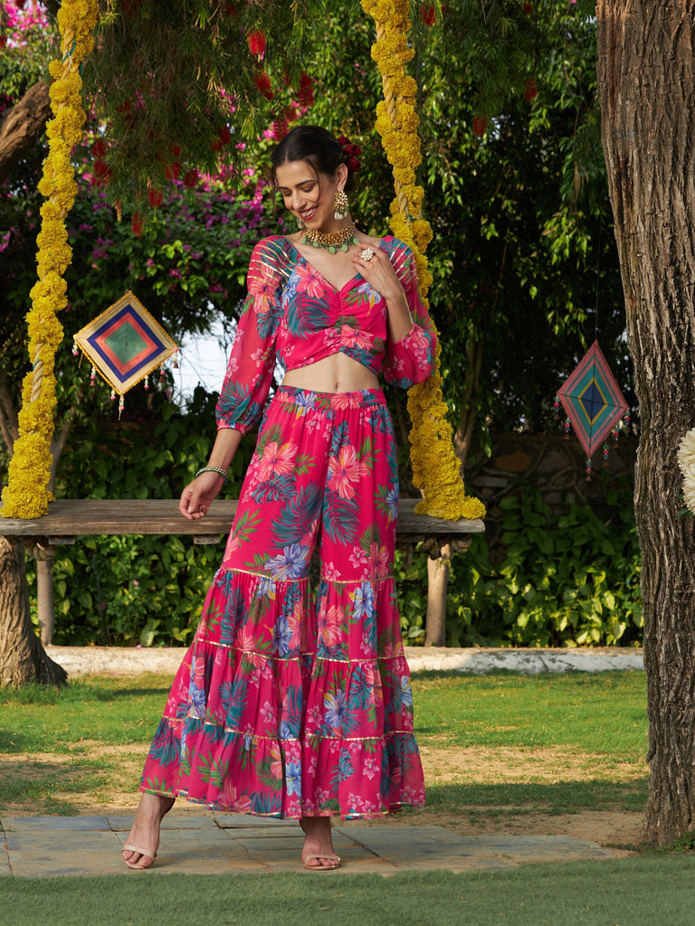 Women's Pink Floral Puff Sleeves Crop Top With Tiered Sharara