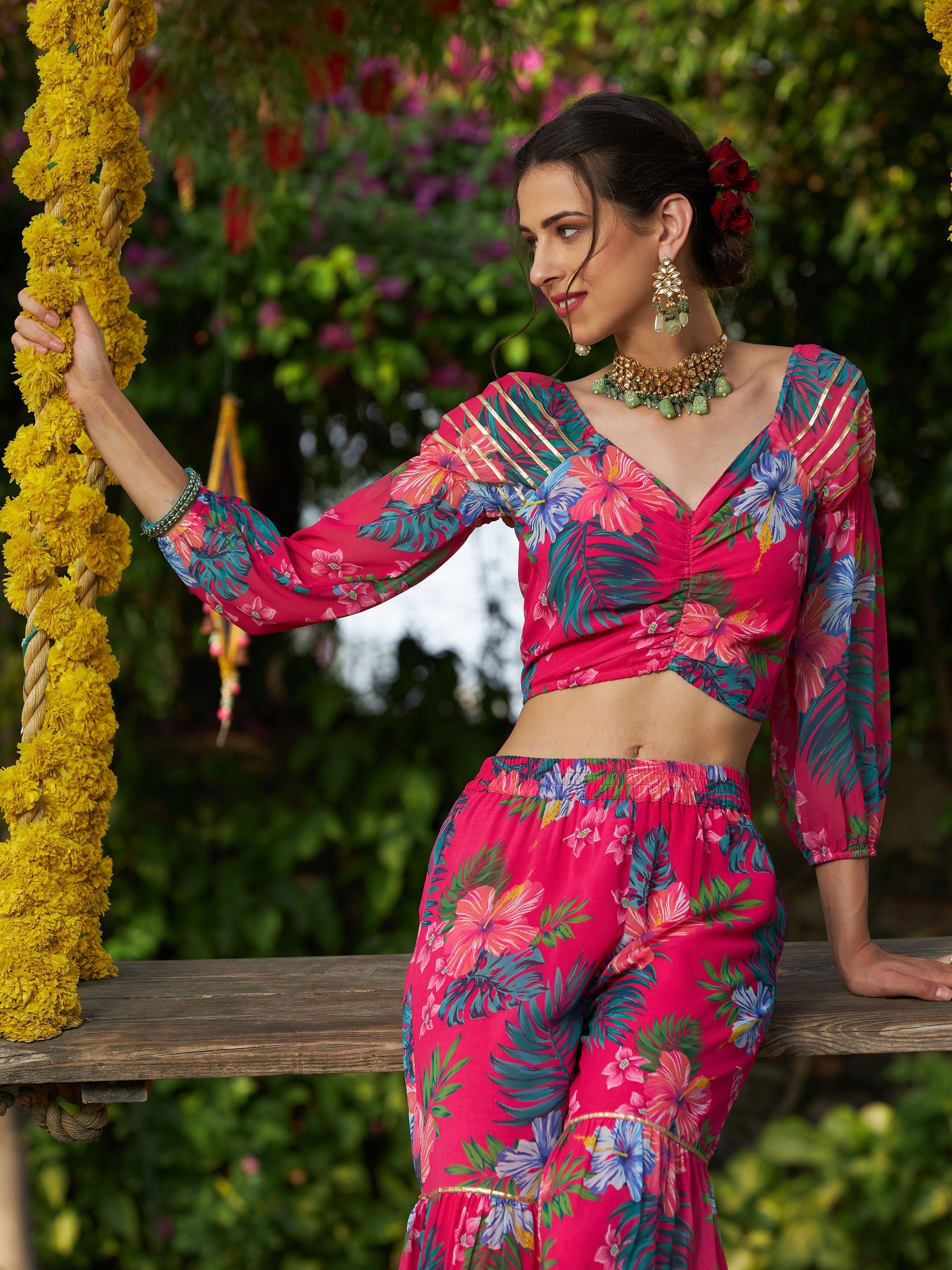 Women's Pink Floral Puff Sleeves Crop Top With Tiered Sharara - SASSAFRAS