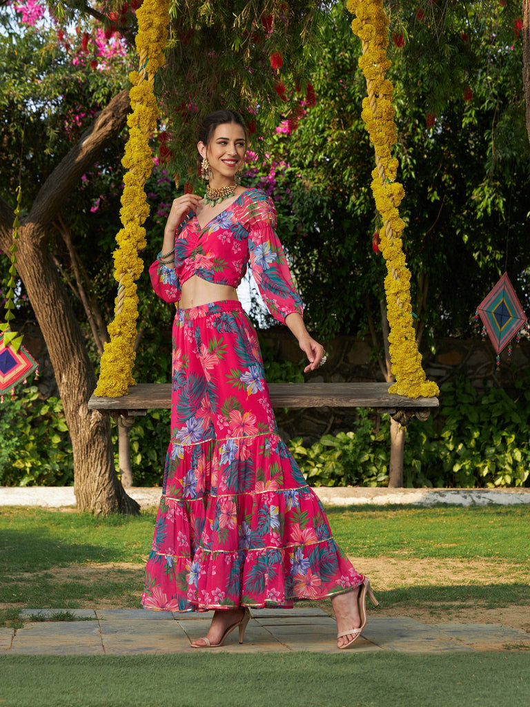 Women's Pink Floral Puff Sleeves Crop Top With Tiered Sharara