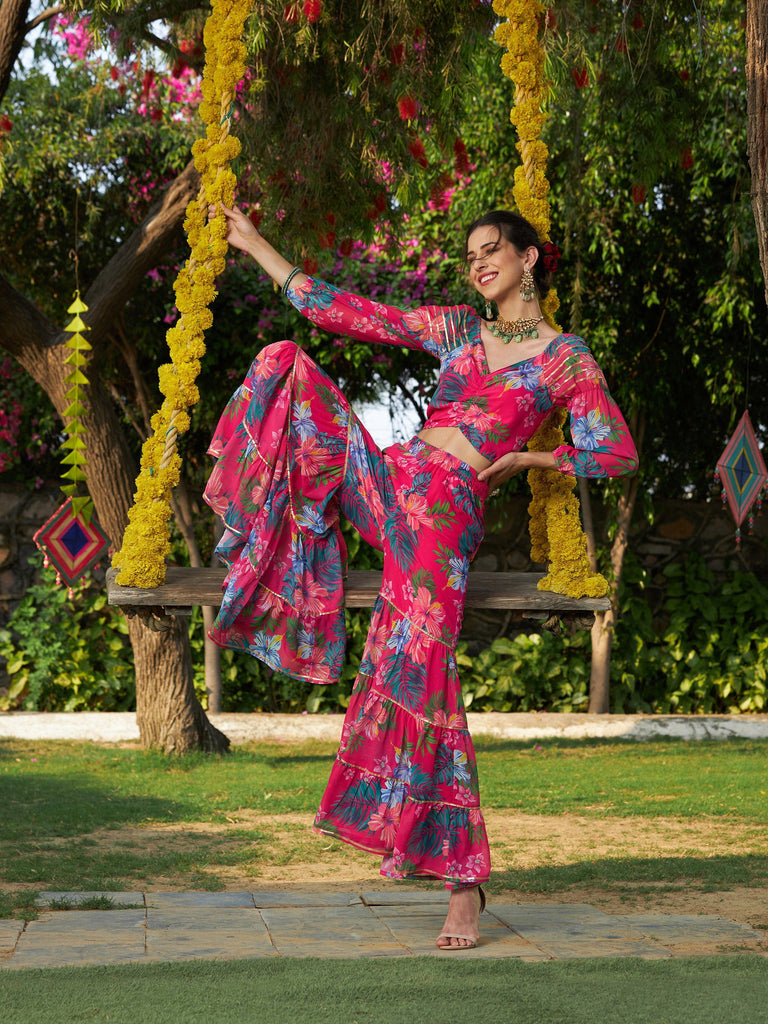 Women's Pink Floral Puff Sleeves Crop Top With Tiered Sharara