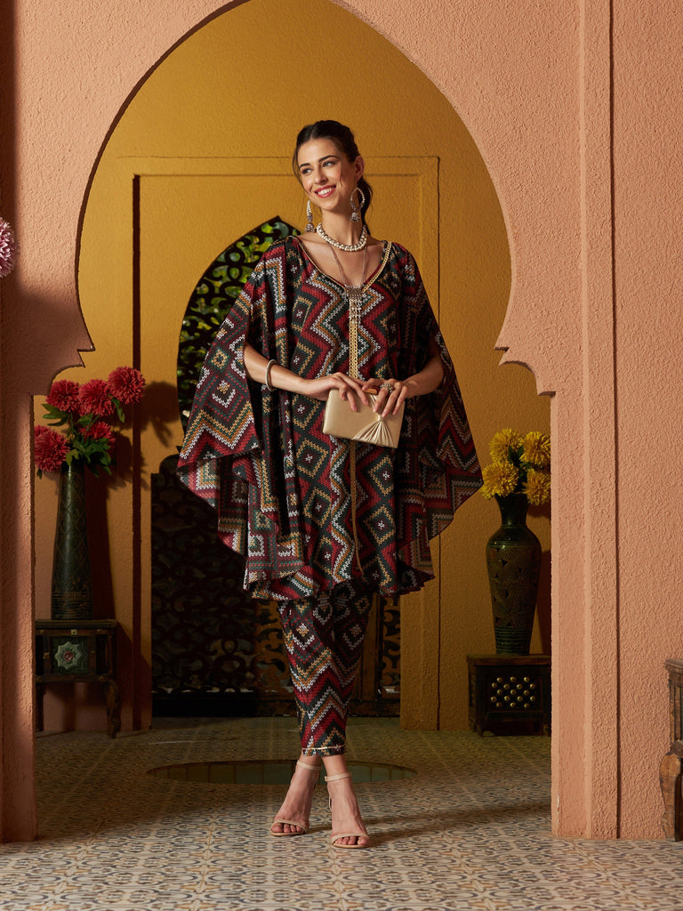 Women's Maroon Multi Chevron Kaftan Top With Pencil Pants