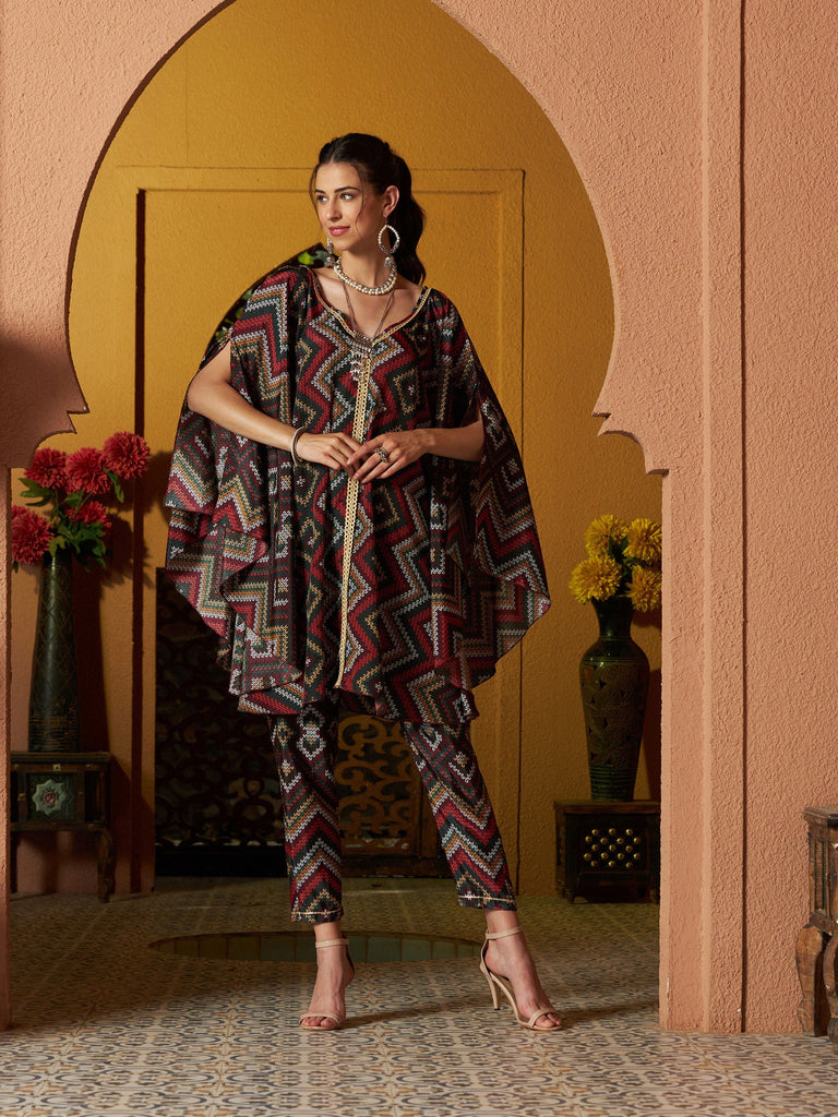 Women's Maroon Multi Chevron Kaftan Top With Pencil Pants