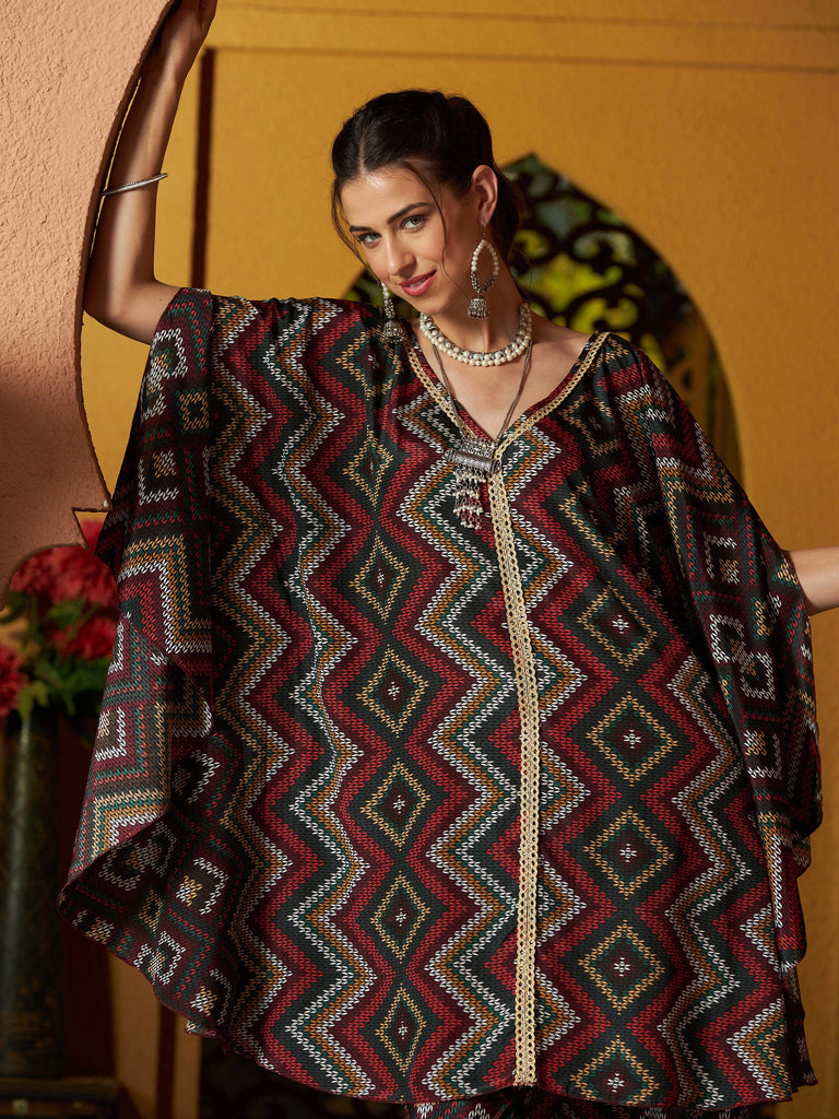 Women's Maroon Multi Chevron Kaftan Top With Pencil Pants
