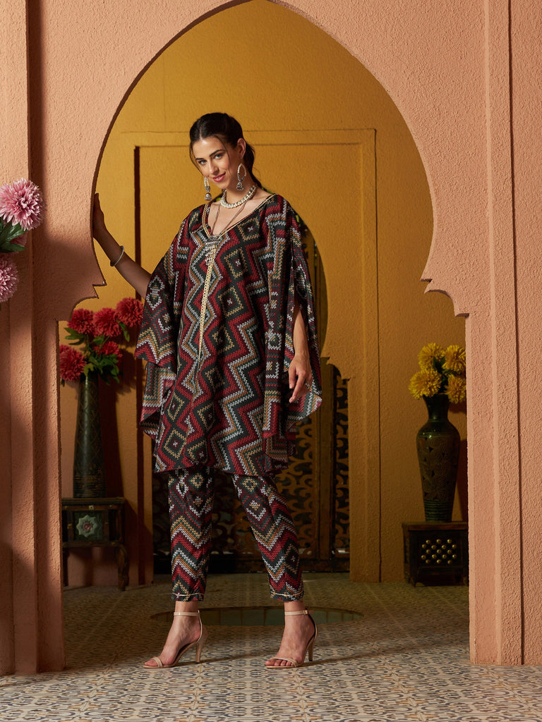 Women's Maroon Multi Chevron Kaftan Top With Pencil Pants