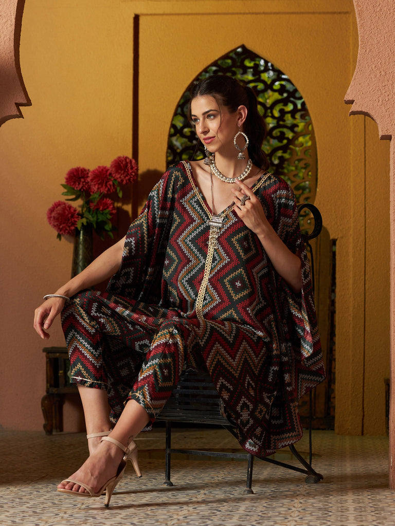 Women's Maroon Multi Chevron Kaftan Top With Pencil Pants