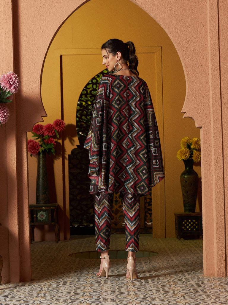 Women's Maroon Multi Chevron Kaftan Top With Pencil Pants
