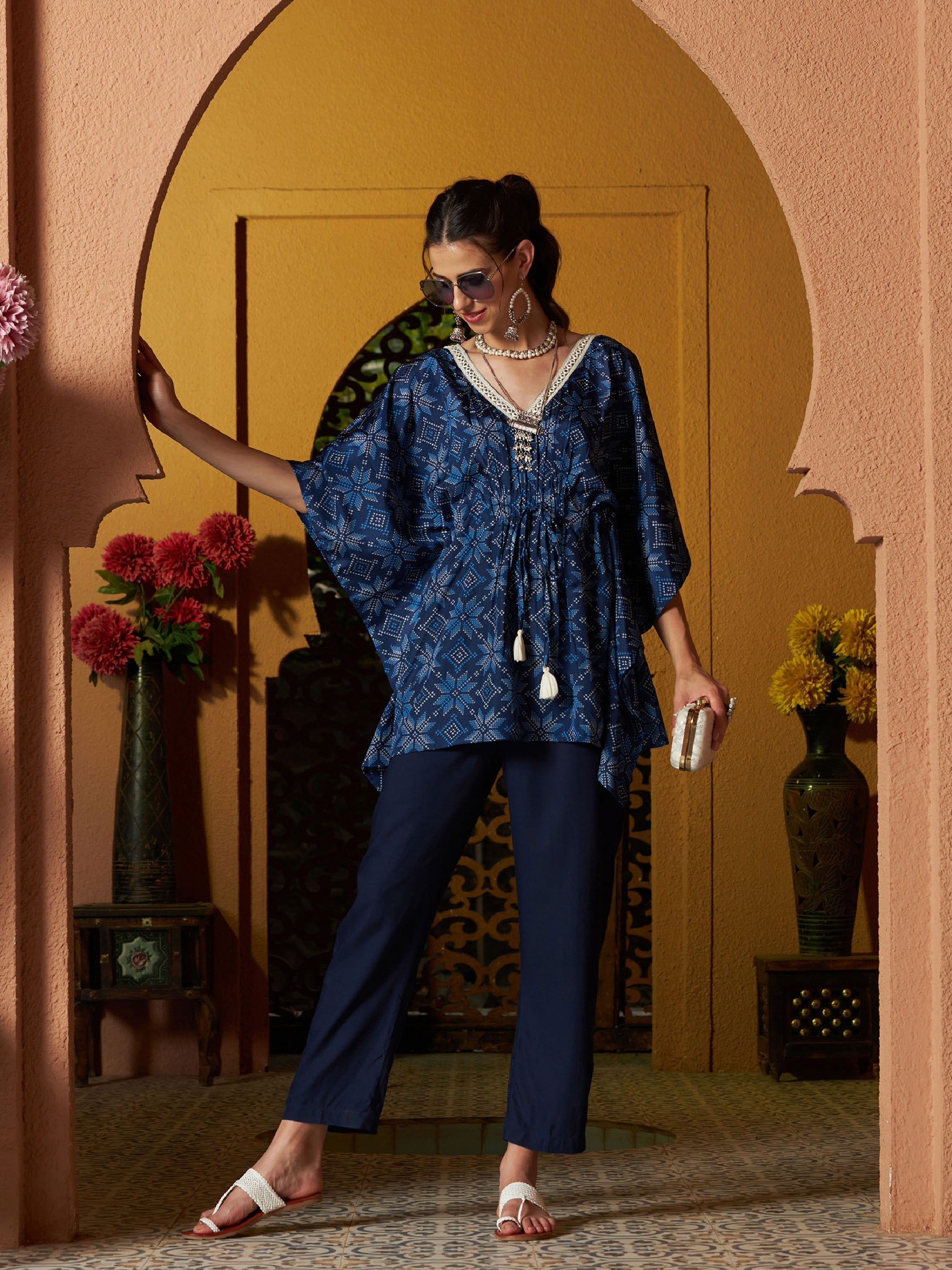 Women's Blue Floral Short Kaftan With Pants - SASSAFRAS
