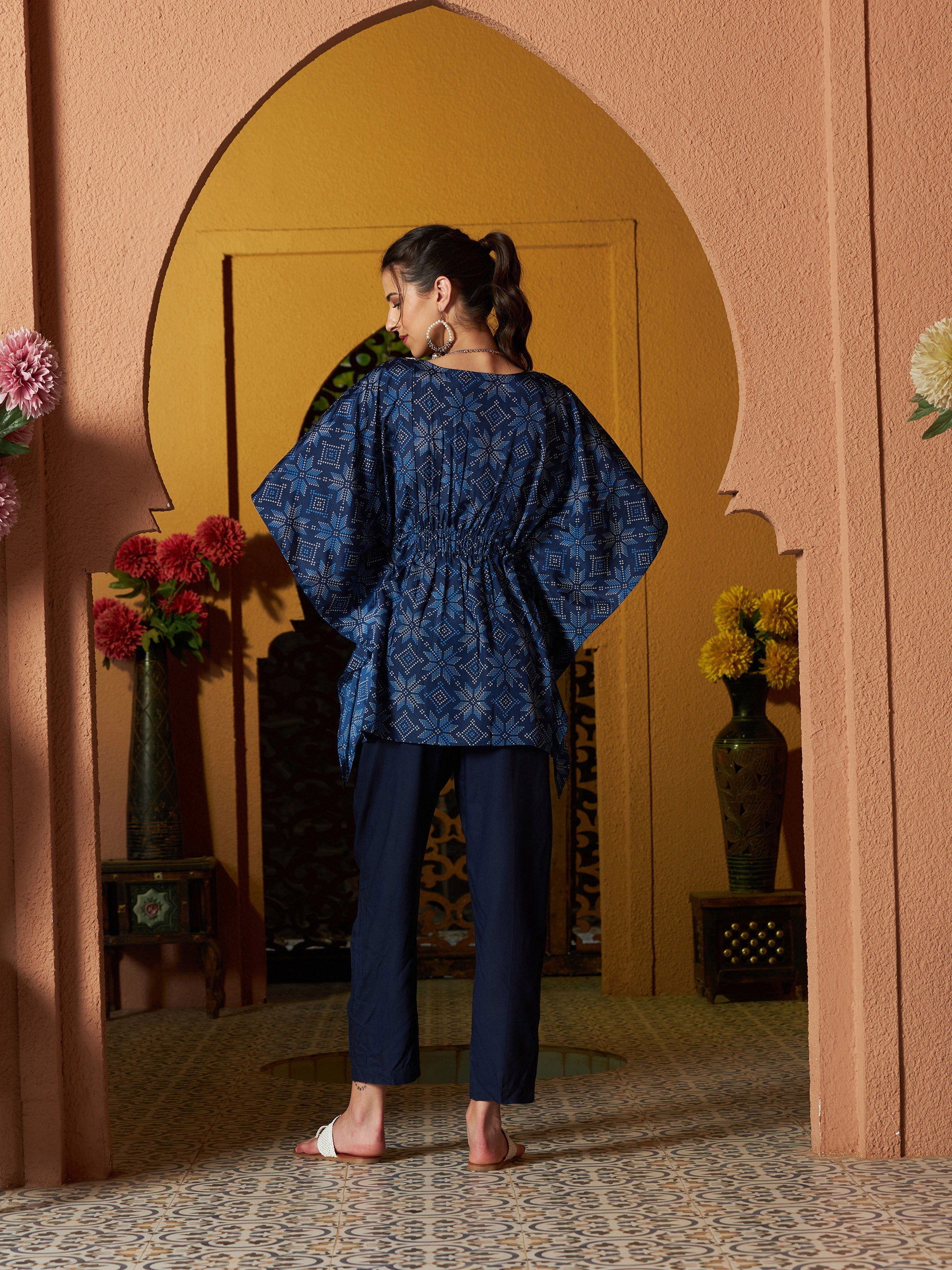 Women's Blue Floral Short Kaftan With Pants - SASSAFRAS