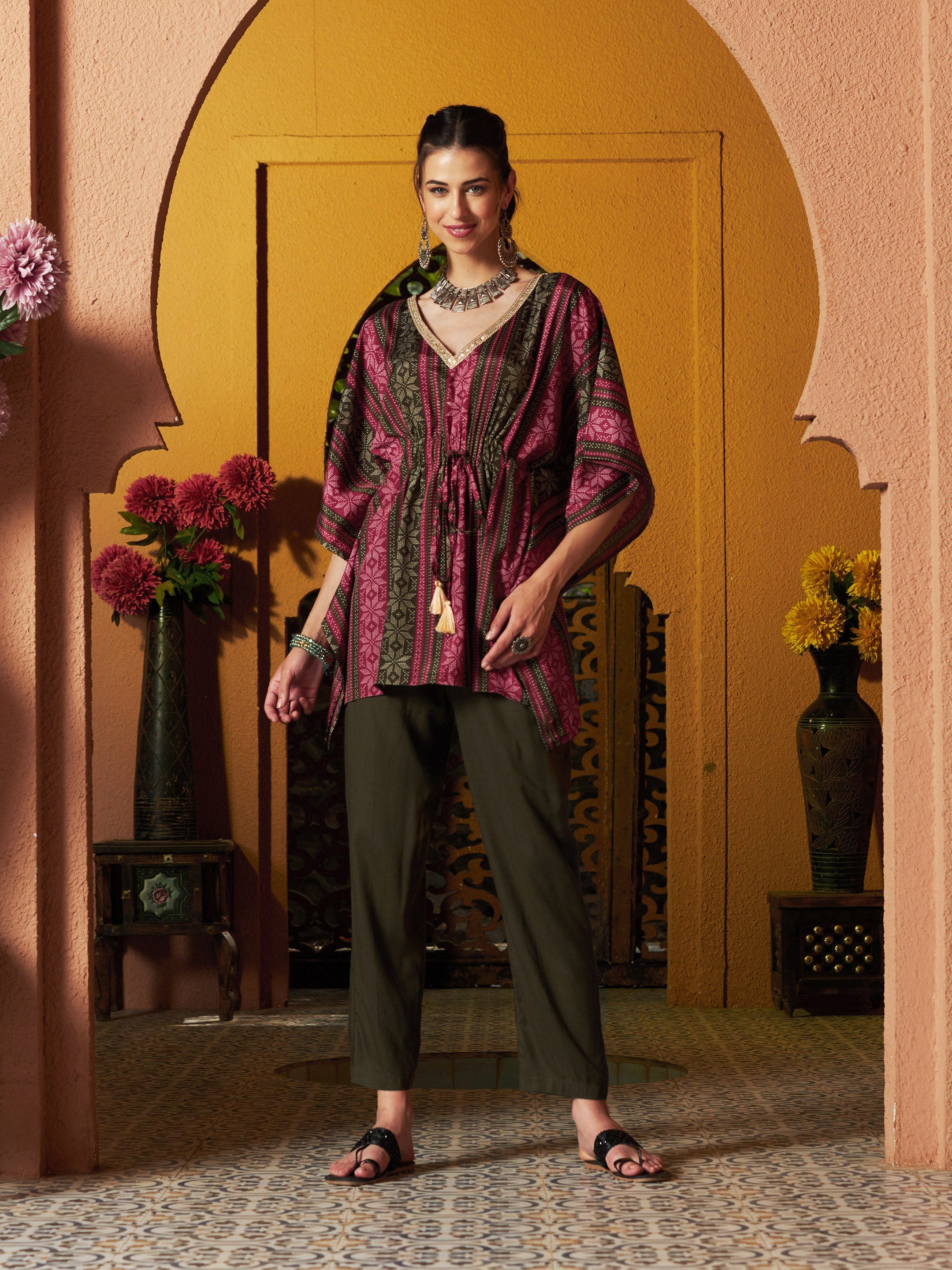 Women's Maroon Geometric Floral Short Kaftan With Pants - SASSAFRAS