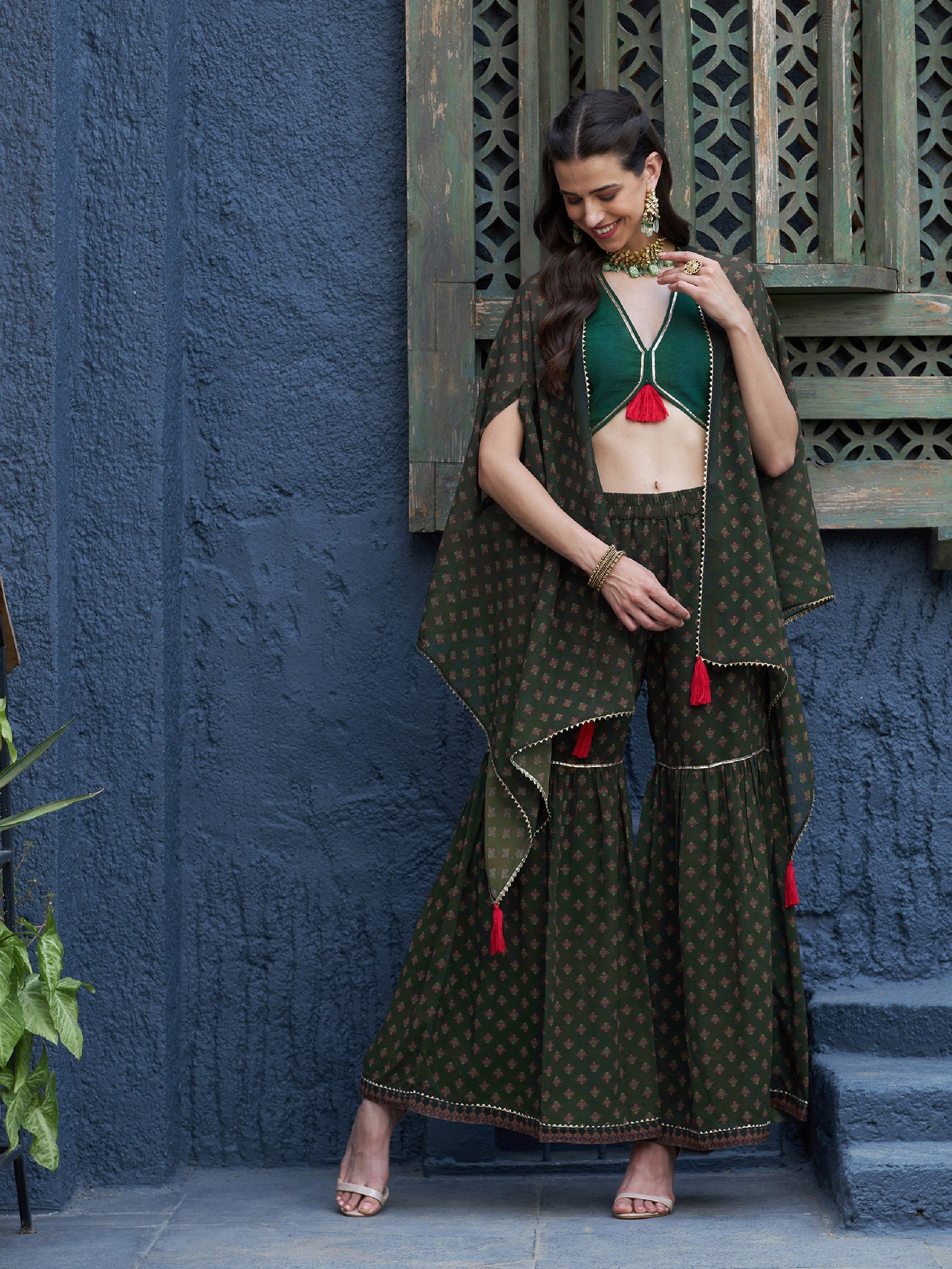 Women's Green Floral Sharara with Cape and Solid Crop Top - SASSAFRAS