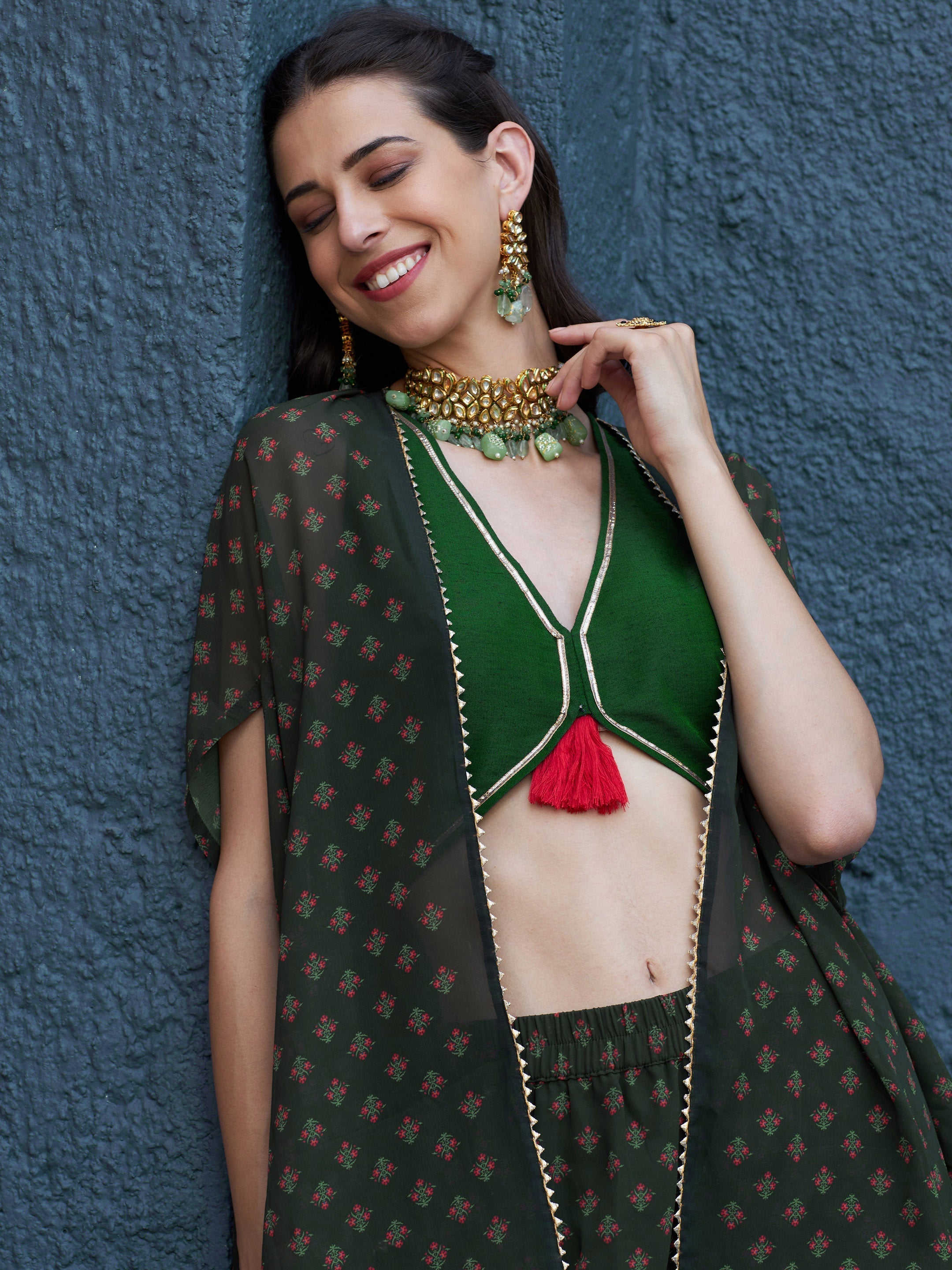 Women's Green Floral Sharara with Cape and Solid Crop Top - SASSAFRAS