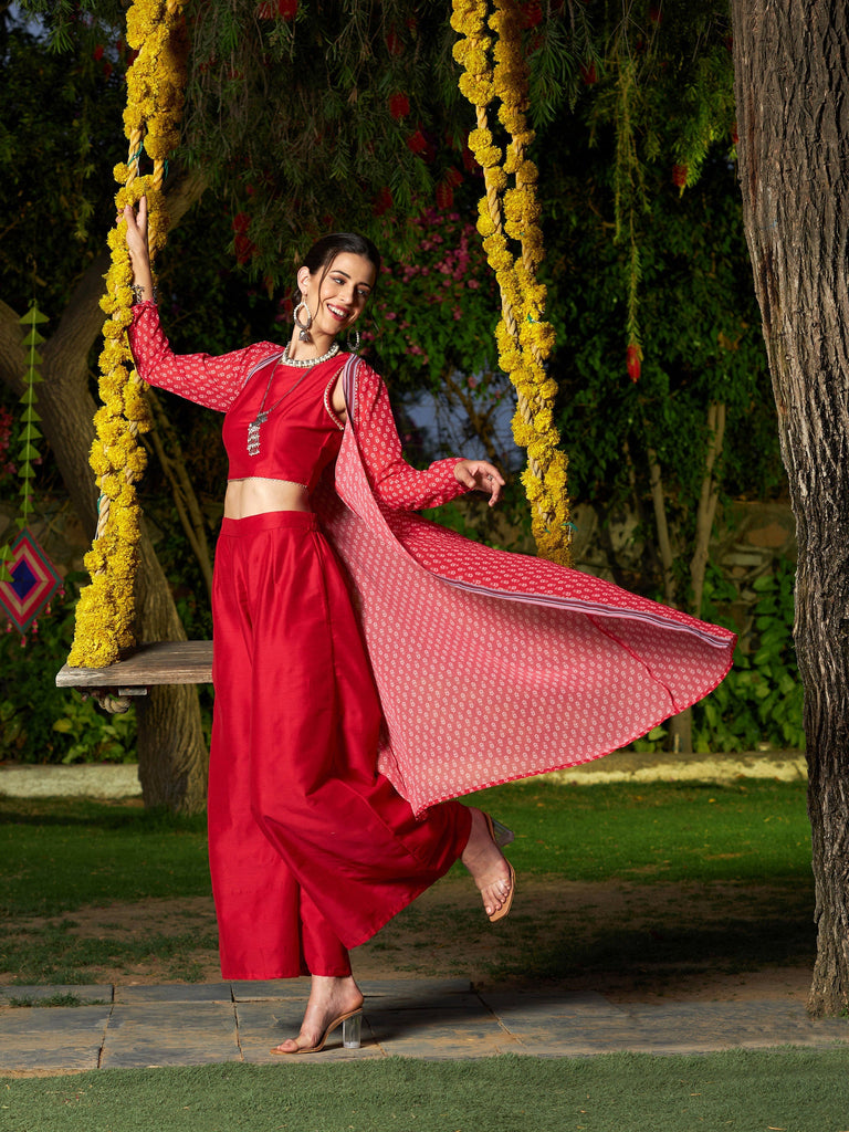 Women's Red Crop Top With A-Line Pants And Floral Shrug