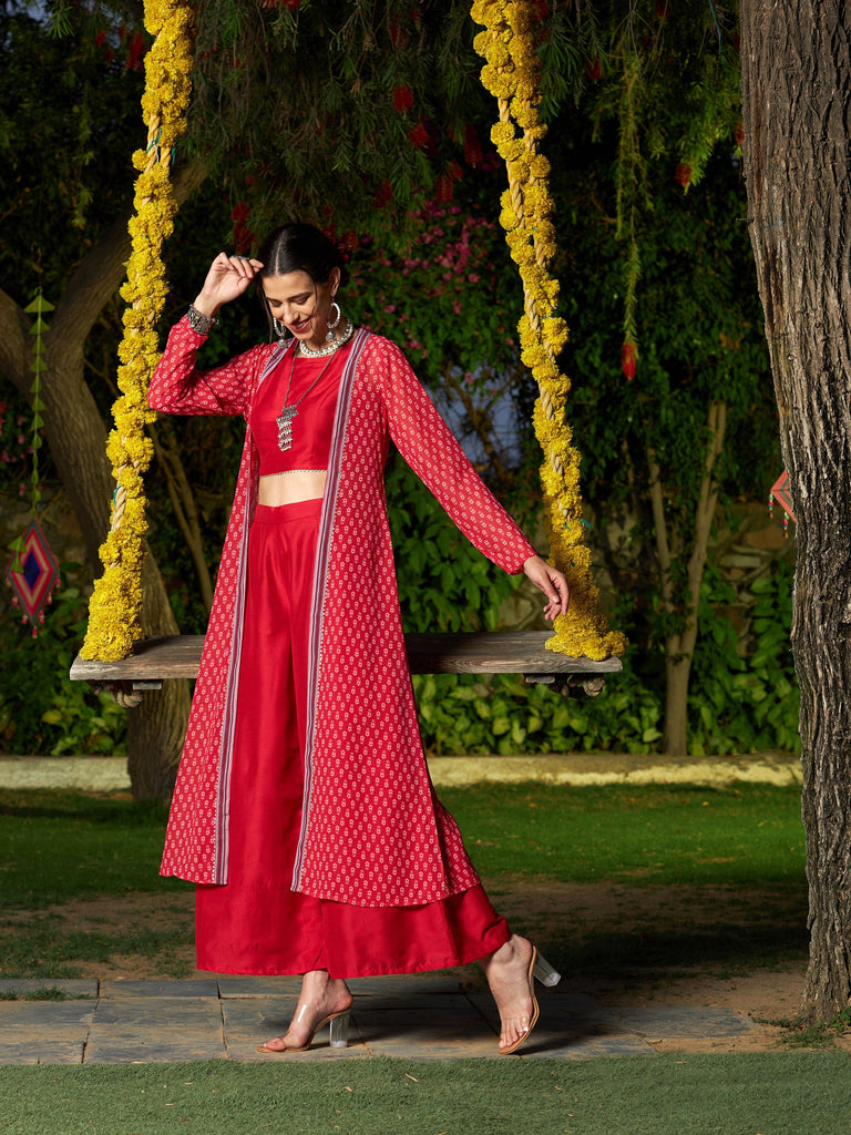 Women's Red Crop Top With A-Line Pants And Floral Shrug