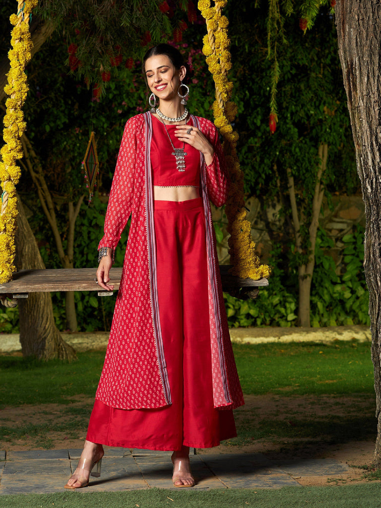 Women's Red Crop Top With A-Line Pants And Floral Shrug