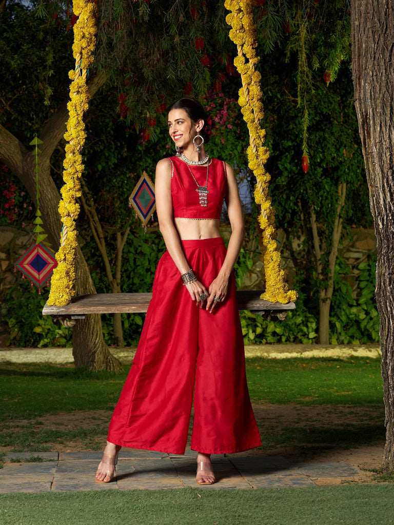 Women's Red Crop Top With A-Line Pants And Floral Shrug