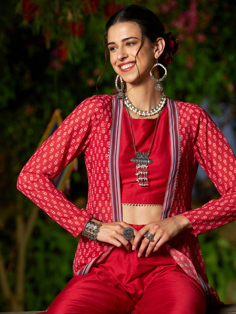 Women's Red Crop Top With A-Line Pants And Floral Shrug