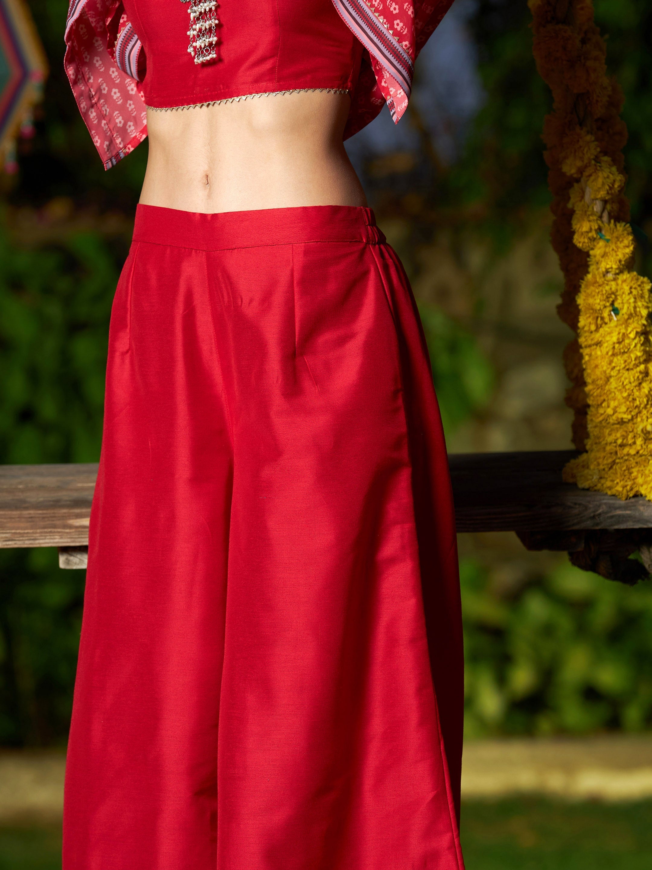 Women's Red Crop Top With A-Line Pants And Floral Shrug - SASSAFRAS