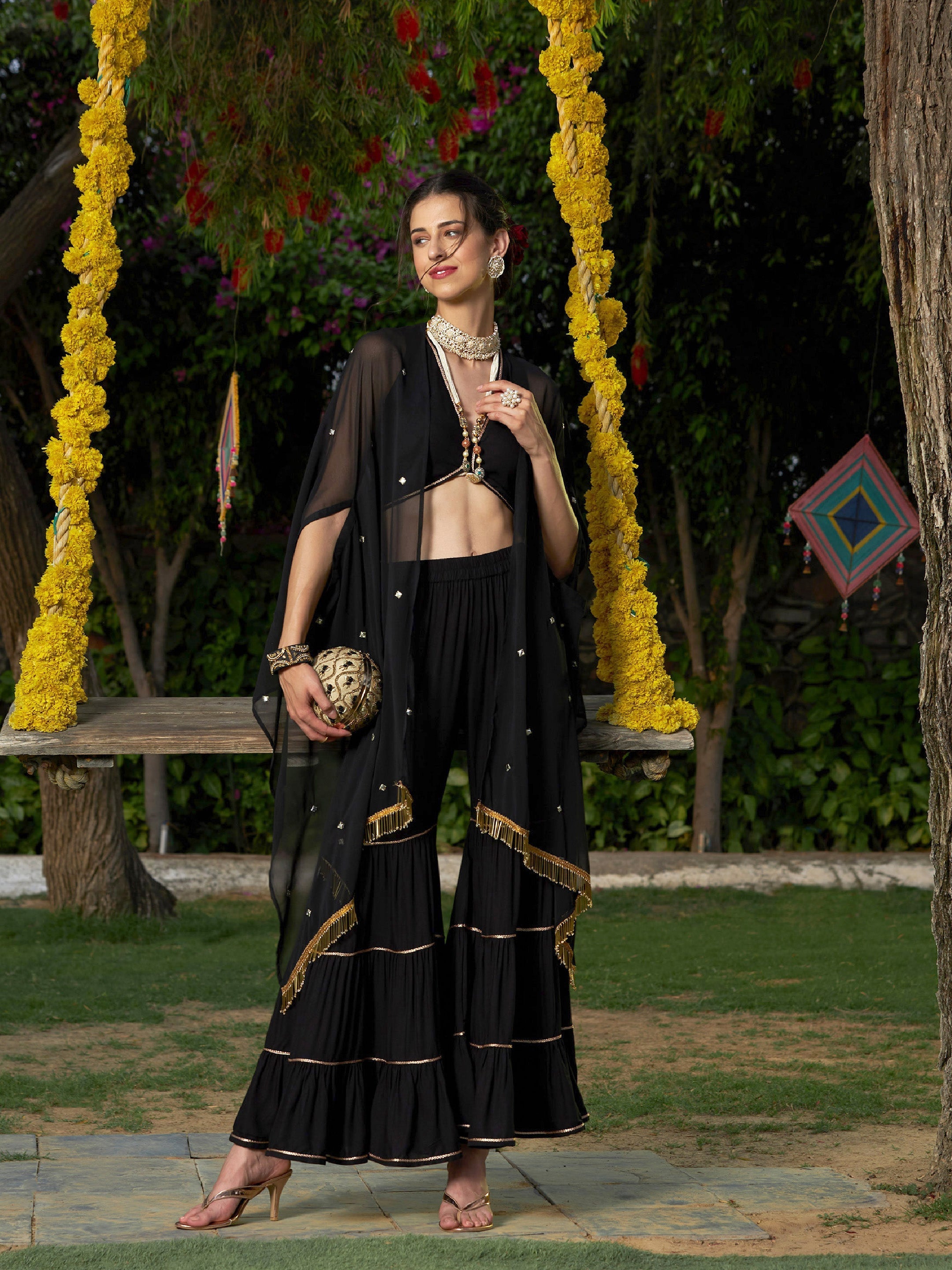 Women's Black Crop Top With Tiered Sharara And Emb Cape - SASSAFRAS