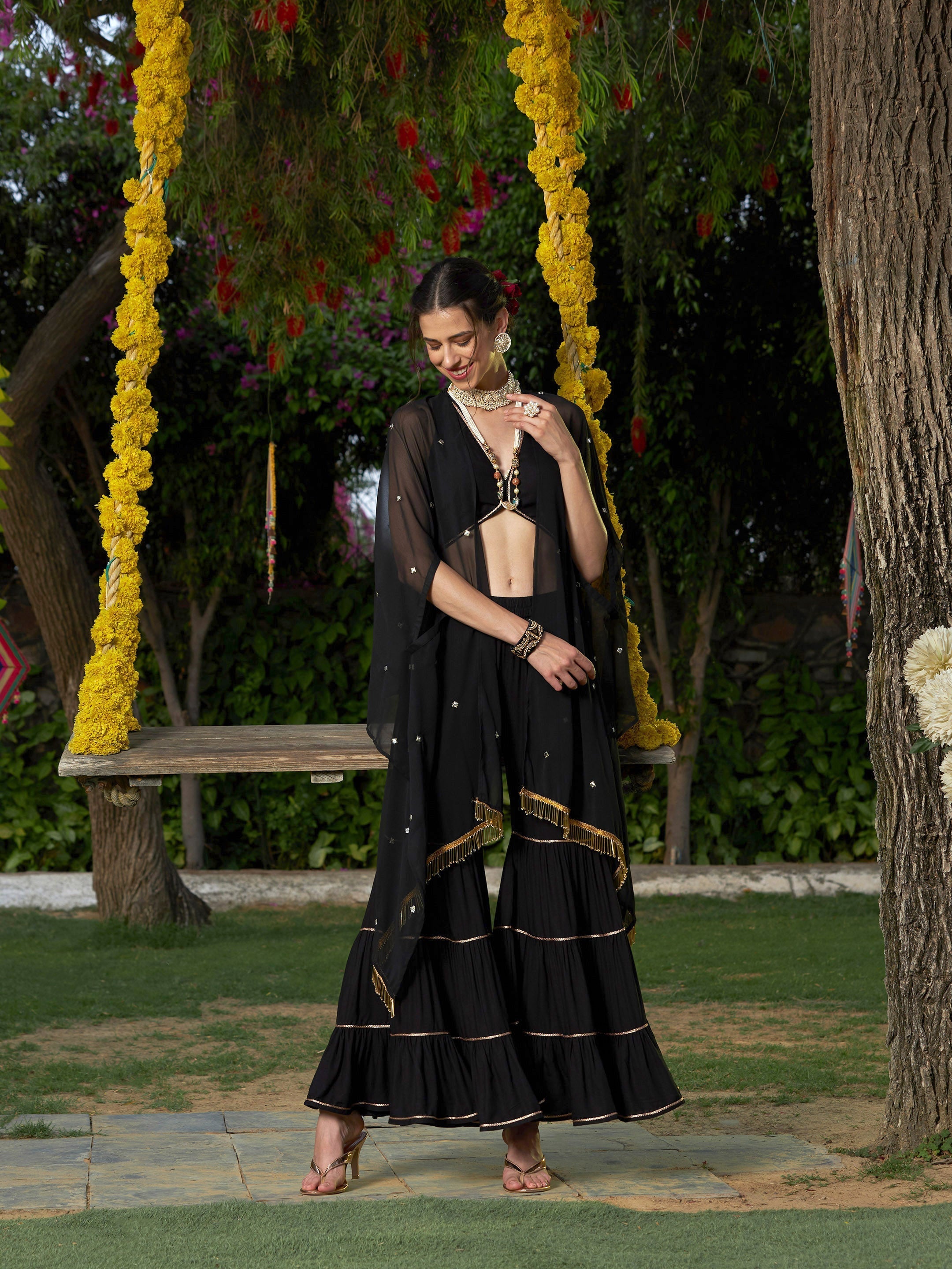 Women's Black Crop Top With Tiered Sharara And Emb Cape - SASSAFRAS