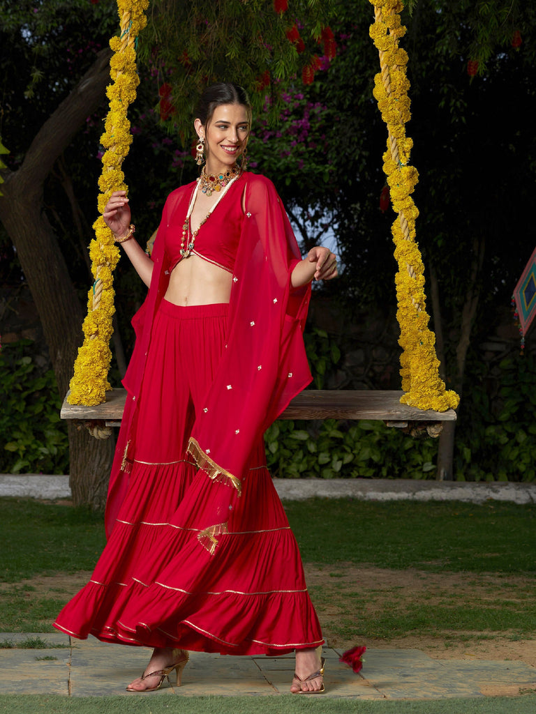 Women's Red Crop Top With Tiered Sharara And Emb Cape