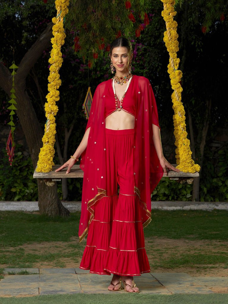 Women's Red Crop Top With Tiered Sharara And Emb Cape