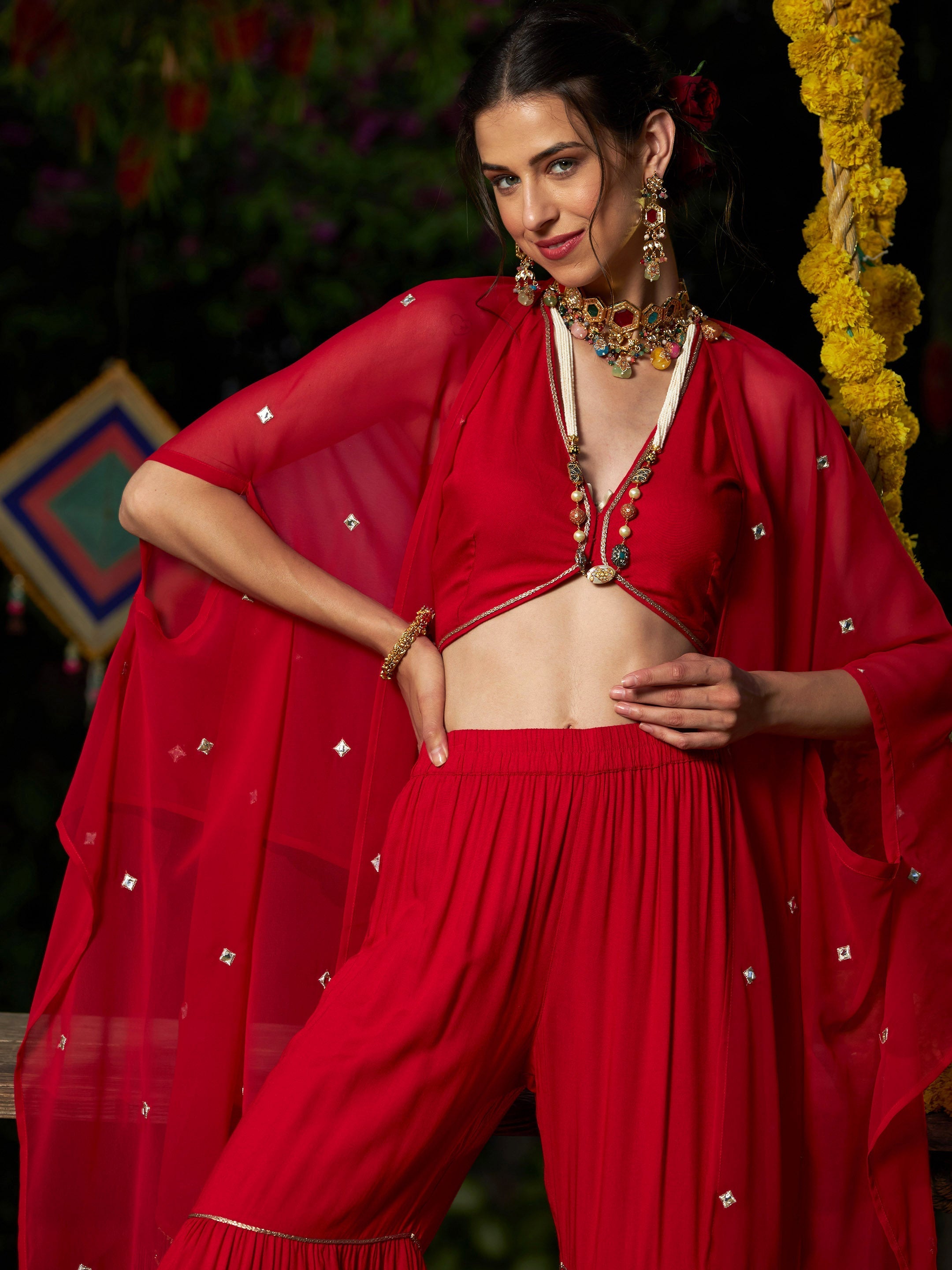 Women's Red Crop Top With Tiered Sharara And Emb Cape - SASSAFRAS