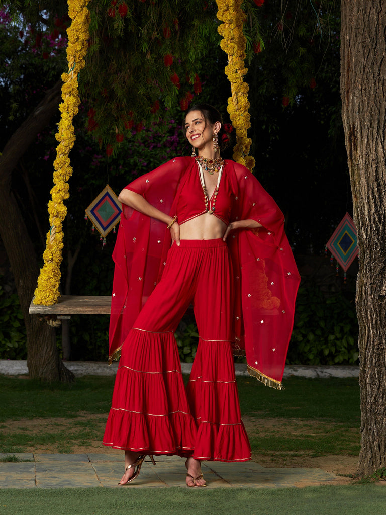 Women's Red Crop Top With Tiered Sharara And Emb Cape
