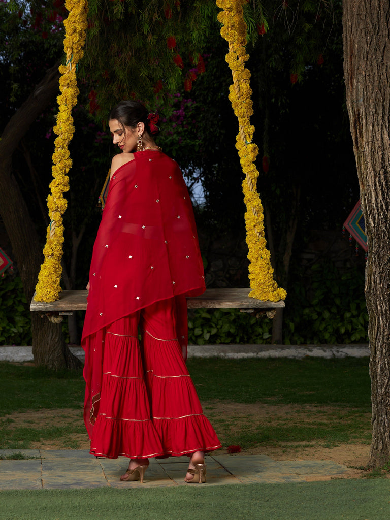 Women's Red Crop Top With Tiered Sharara And Emb Cape