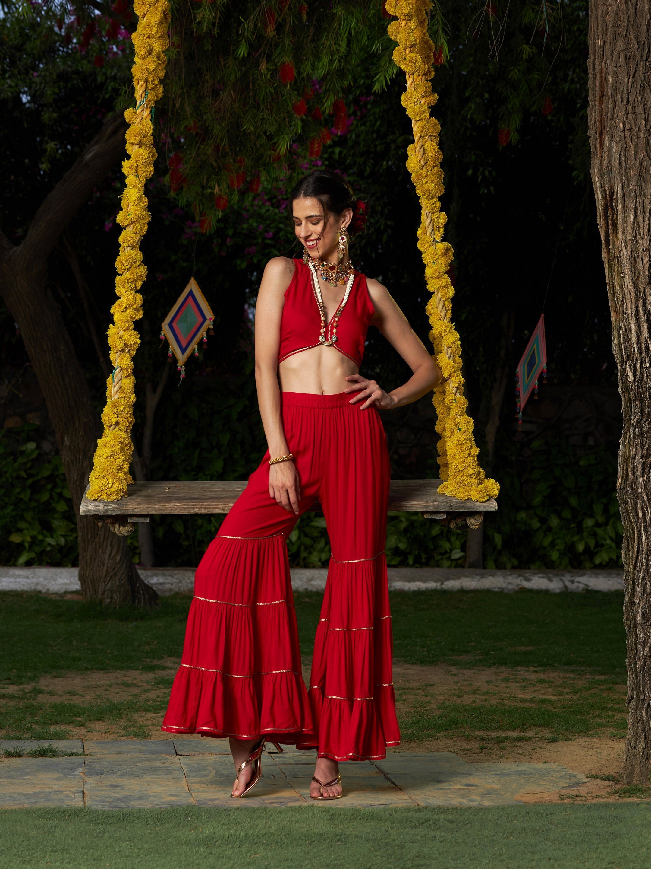 Women's Red Crop Top With Tiered Sharara And Emb Cape - SASSAFRAS
