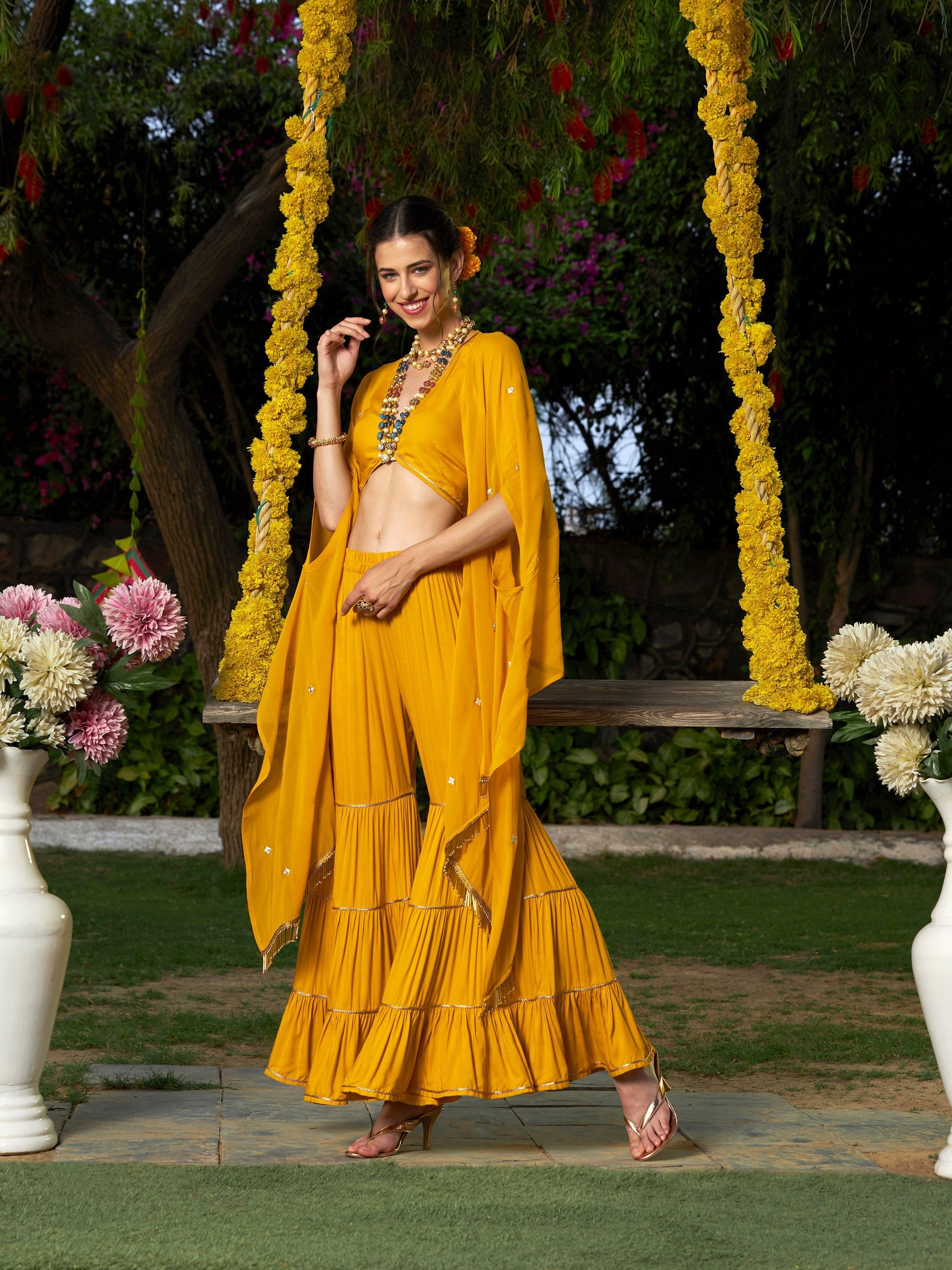 Women's Yellow Crop Top With Tiered Sharara And Emb Cape - SASSAFRAS